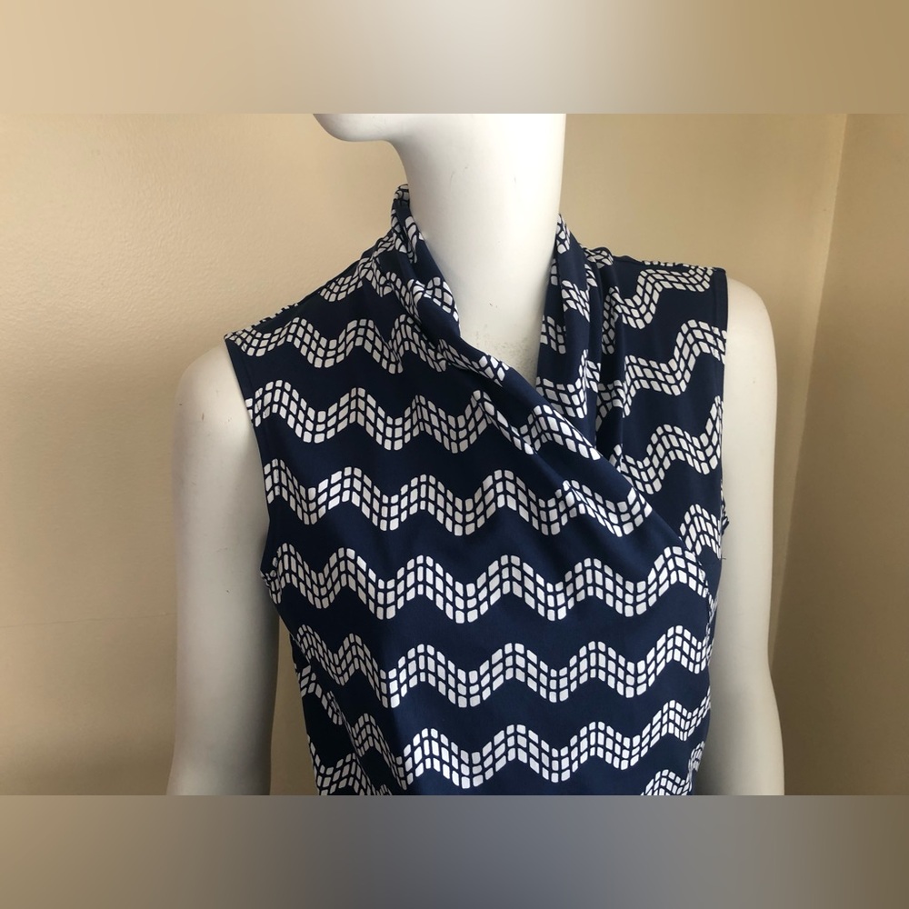 J. McLaughlin sleeveless top in blue and white faux wrap - Picture 3 of 15